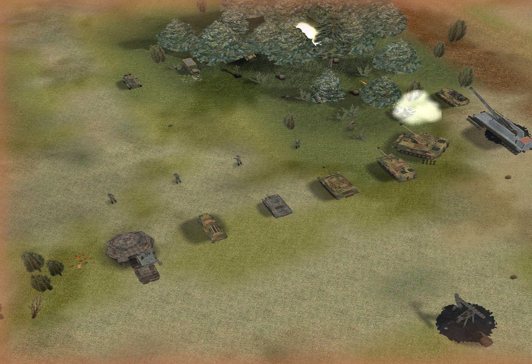 German armour and a heavy railway gun at the edge of a pine forest, smoke rising from a hit among the trees.