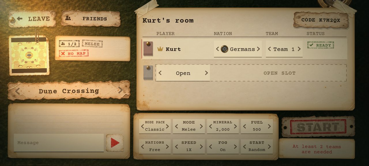 A multiplayer room screen: map Dune Crossing, mode pack Classic, one player ready and one open slot.