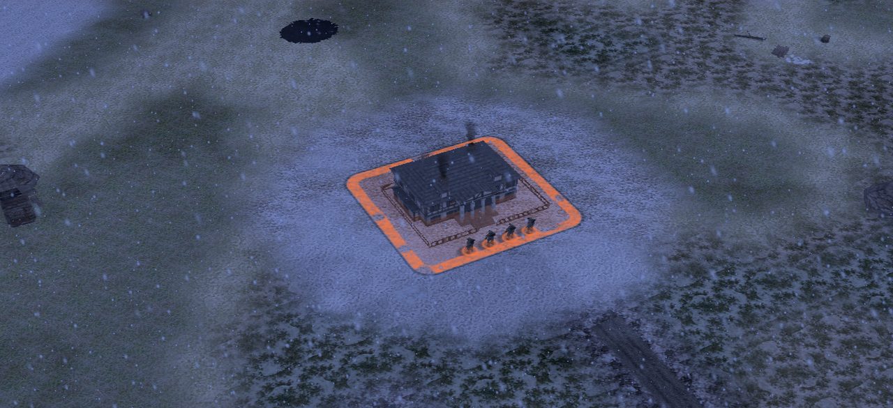 A headquarters glowing on a snowy field at night, snow falling through deep blue shadow.