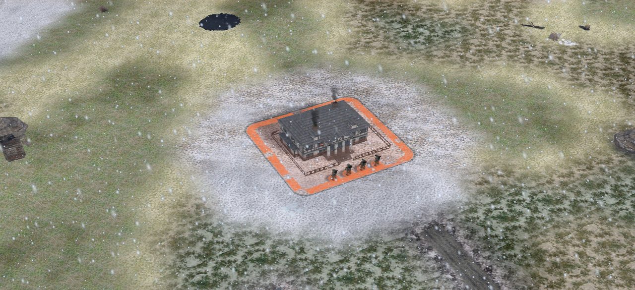 The same headquarters at midday, the snowfield bright under a high sun.