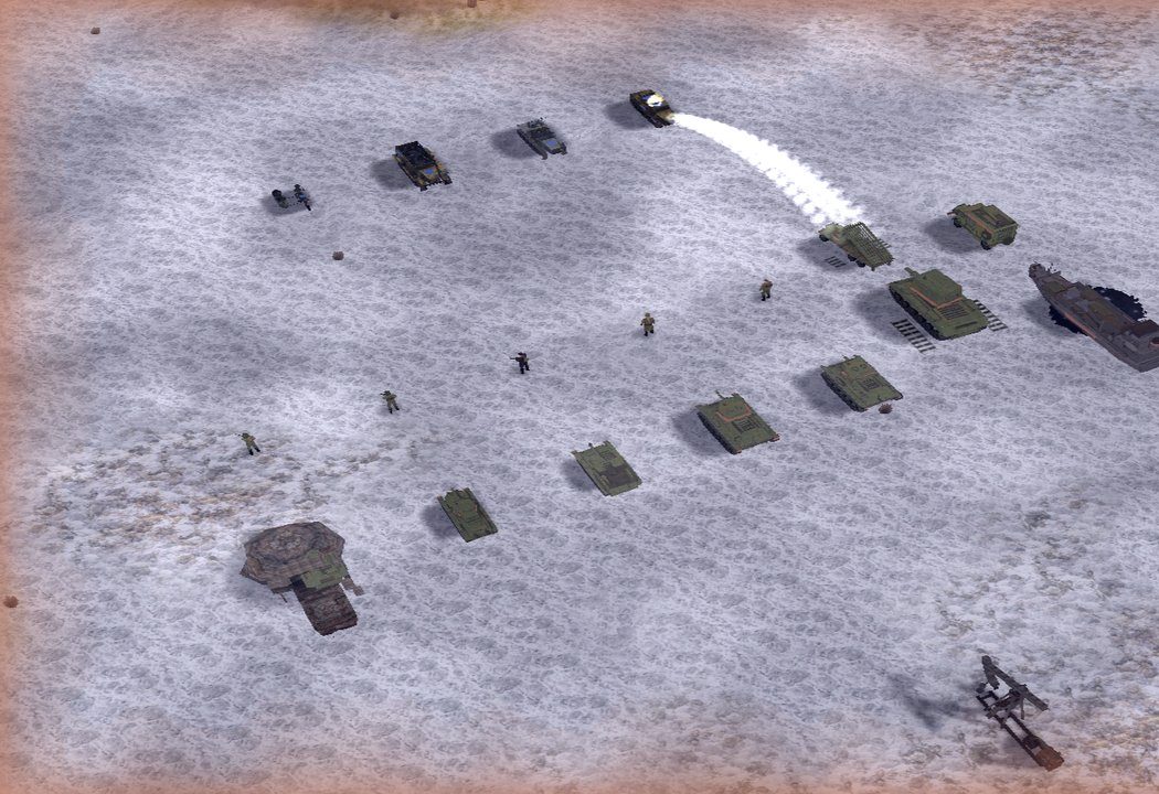 Tanks, half-tracks and riflemen spread across a snowfield while a rocket trail arcs over them.